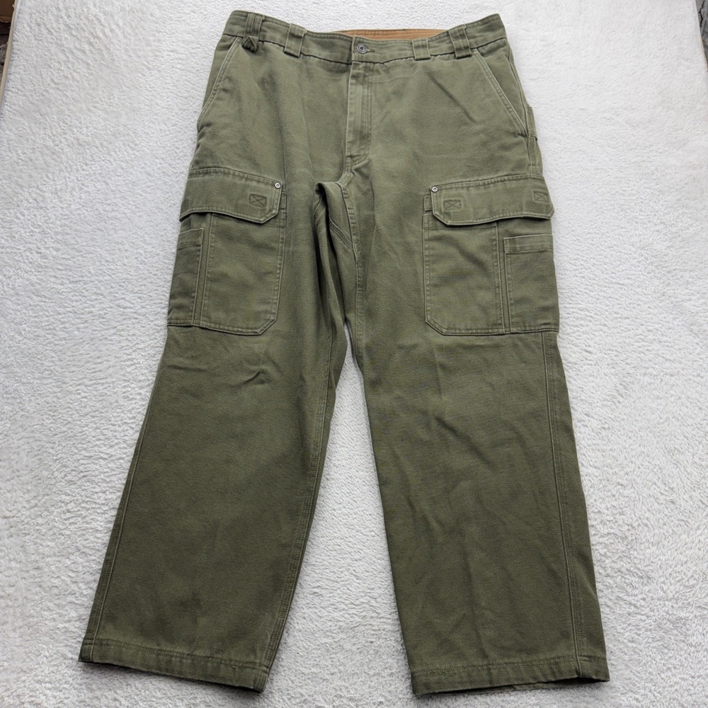 Duluth Trading Co Mens 38x32 Fire Hose Cotton Canvas Cargo Pants Olive Green